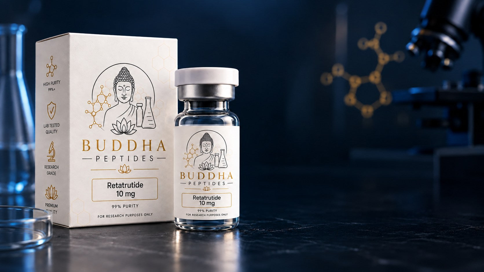 Buddha Peptides Retatrutide 10 mg — envase y vial para la investigación científica